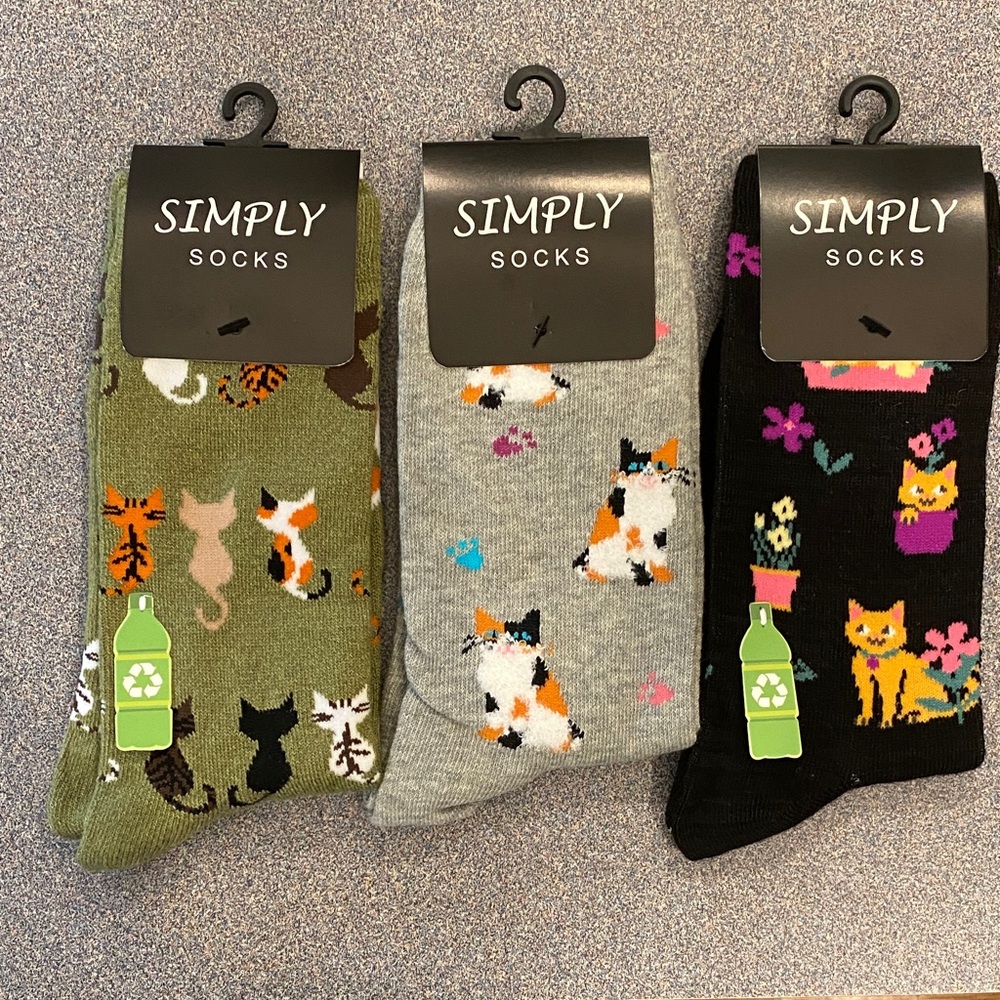 Simply Socks Cute Cat Crew Socks - 3 Pack (Green, Gray, Black)